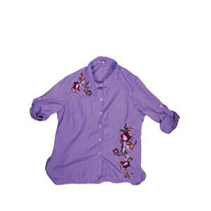 Vintage 90s Blue White Striped Blouse Floral Embroidery Women’s Large